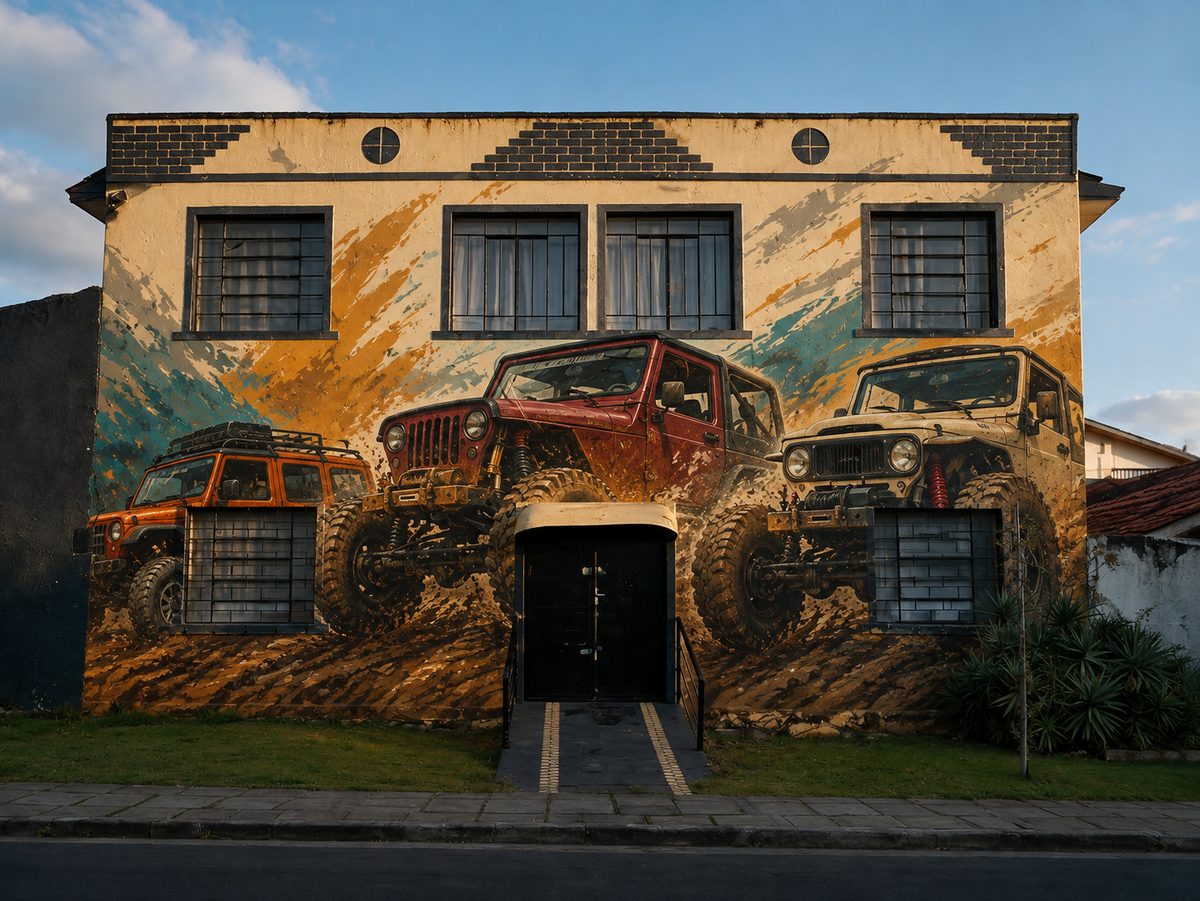 Fachada da sede do clube, com um mural de jipes pintado na parede
